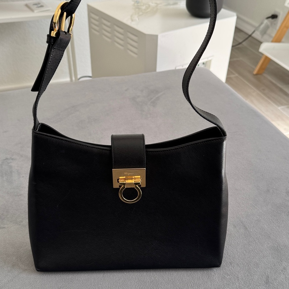Salvatore Ferragamo Vintage Black Leather Gancini Shoulder Bag Gold Hardware